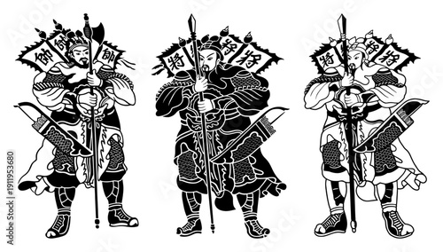 Set of three traditional Chinese door gods or military generals in historical armor