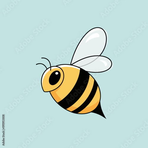 A cartoon bee with yellow and black stripes flying.