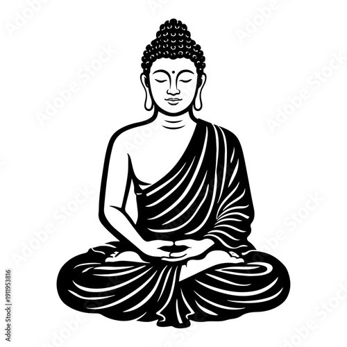Zen meditation Buddha statue sitting in lotus position in hand drawn engraving style