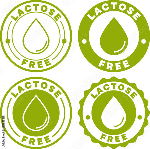 Green round badges with milk drop icon showing lactose free options for food products