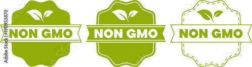 Green non gmo badges with leaf icons in different styles for product labeling and branding