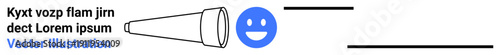 Communication, vision, happiness, exploration, emotion design, astronomy. Blue happy face alongside a minimalist telescope outline. Communication and vision concept