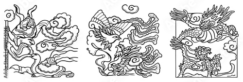 Set of three mythical Asian creatures featuring phoenix dragon and qilin in square panels