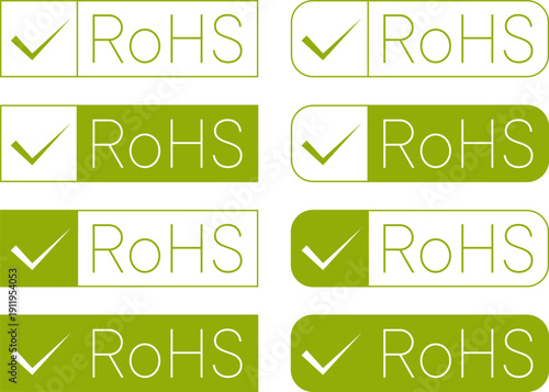 Green RoHS check mark labels in solid and outline badge styles for product compliance