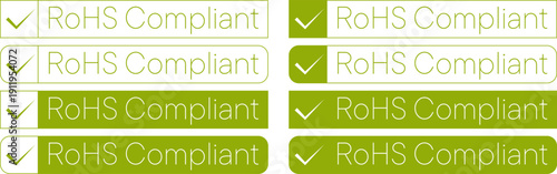 Green RoHS compliant labels with check marks in different badge styles showcased together