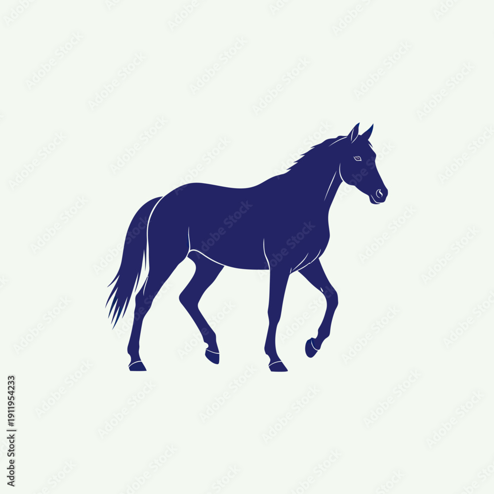Obraz premium Dark blue silhouette of a running horse on a white background.