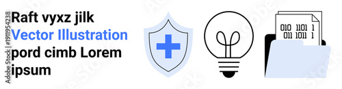 Security, healthcare, innovation, data management, digital safety, file organization. Shield with cross, light bulb and folder with binary code. Security and healthcare symbol concepts