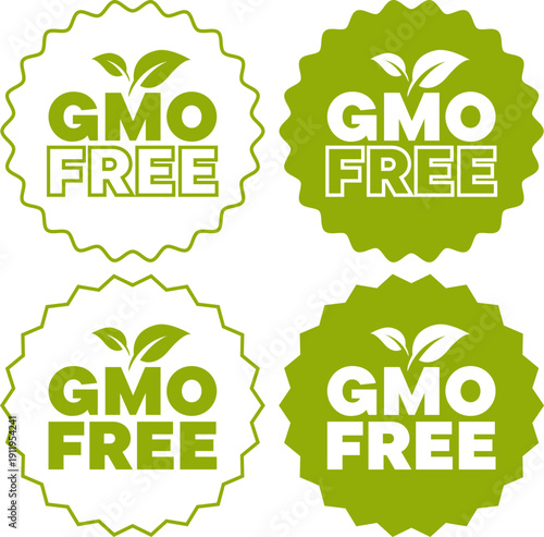 Badges showing GMO free labels with leaf icons in seal designs for various uses