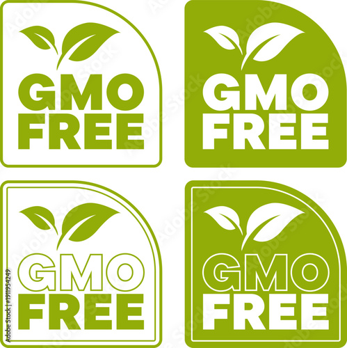 Set of green GMO free labels featuring leaf icon in solid and outline square badge designs