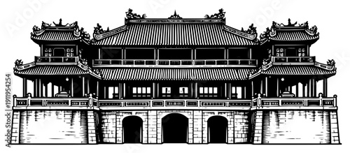 Large traditional Asian palace gate or royal citadel architecture in detailed engraving style