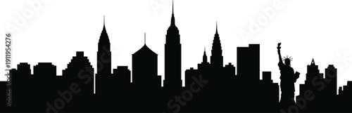 Iconic New York City skyline silhouette featuring Empire State Building, Chrysler Building, and Statue of Liberty, urban architecture landmark illustration on white background