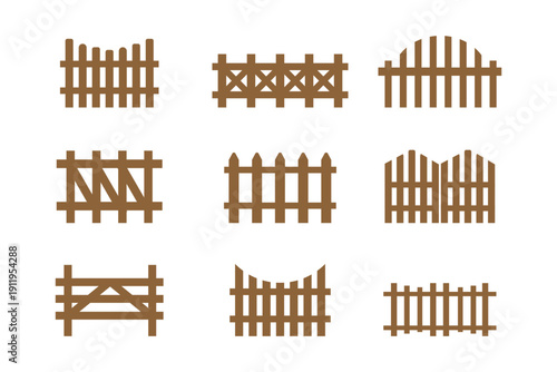 Fence Icon Set Collection, Black Garden and Wooden Fence Silhouette Icons Isolated on White Background Vector.eps10