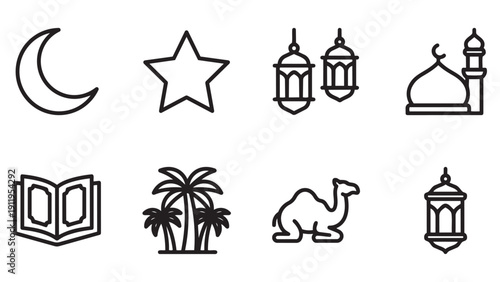 Minimalist Islamic Line Icons Set for Ramadan and Eid Al-Fitr Celebration