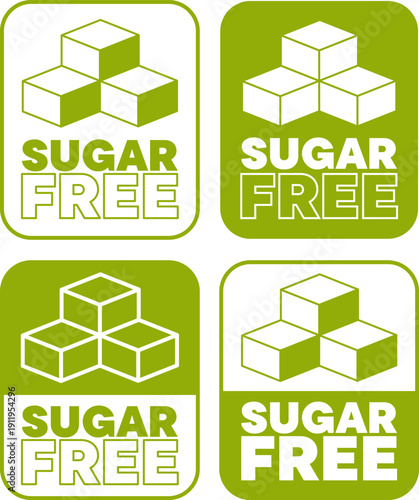 Collection of green sugar free badges with cube icons and rounded square designs for healthy living
