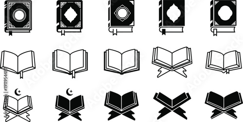 Islamic Holy Book Quran Vector Icon Set Featuring Traditional Covers Open Pages and Rehal Book Stands Isolated on White Background for Religious Design Projects