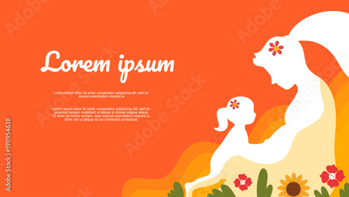 mother holding her baby child in orange abstract background with white silhouettes