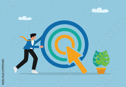 usiness Goal Setting and Achievement Illustration with Person Reaching Target, Concentric Circles