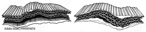 Cross section view showing layers of corrugated cardboard material or structural building elements
