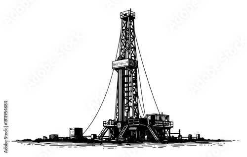Industrial offshore oil drilling rig platform on the ocean horizon in black and white