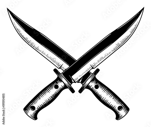 Pair of crossed tactical combat knives with serrated blades and textured handles in vector style