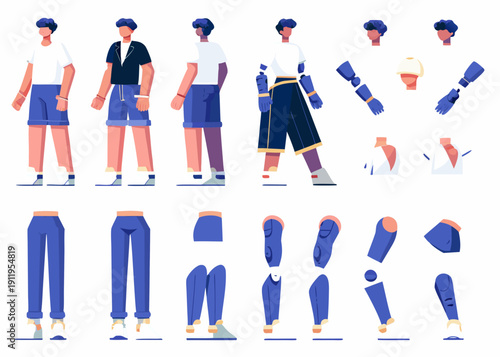 Character design sheet with multiple poses and clothing options
