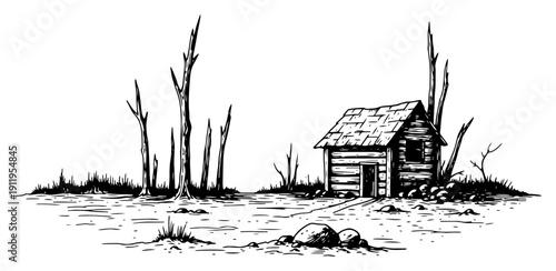 Lonely wooden shack in a desolate landscape with bare dead trees in black and white ink