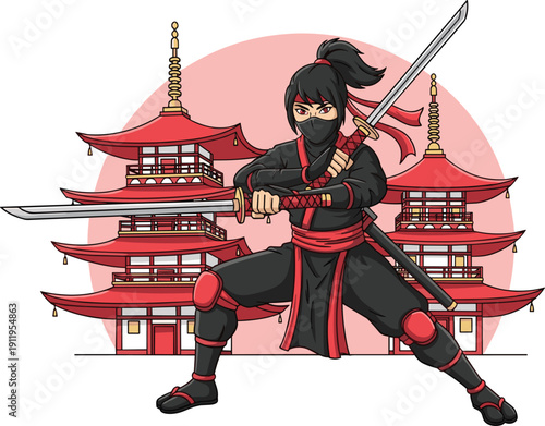 Japanese Ninja Warrior Holding Dual Katana Swords Standing in Action Pose with Traditional Red Pagoda Temple Background Cartoon Anime Style Vector Art Illustration