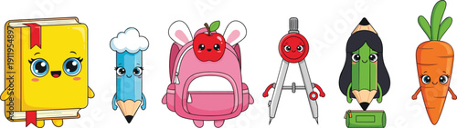 Set of cute kawaii back to school characters including a book, pencil, backpack, compass, and carrot mascot isolated on a white background vector.Set of cute kawaii 
