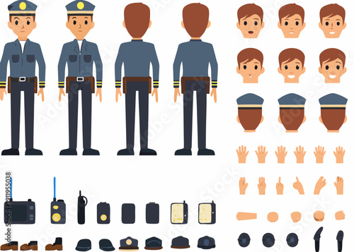 Cartoon police officer character design sheet with various components