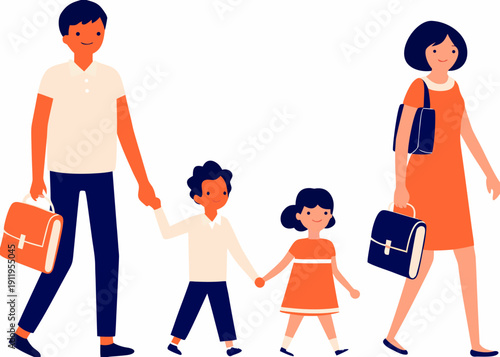 Illustration of a family walking together including parents and two children