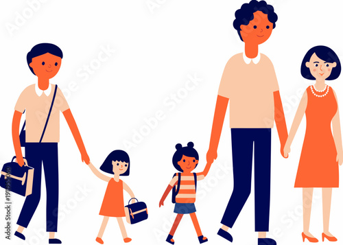 A family of five holding hands illustrated in a flat modern style