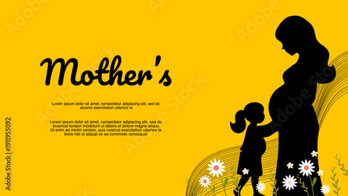 mother and daughter interaction on yellow background with floral ground and waves