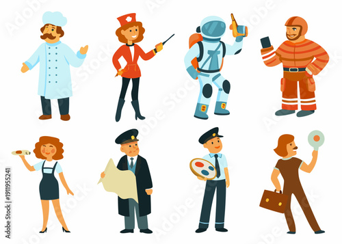 Diverse group of cartoon professionals representing various occupations and careers