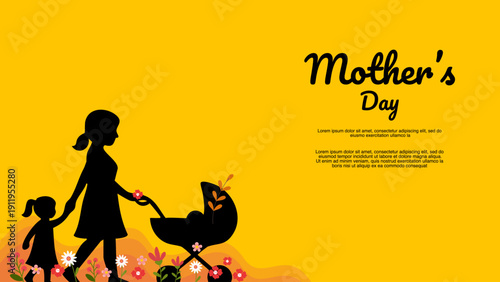 mother pushing baby stroller with daughter walking on yellow background with flowers