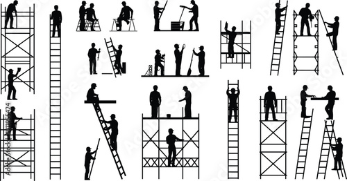 Black silhouette set of construction workers on ladders and scaffolding, professional builders working at heights, flat vector illustration isolated white.