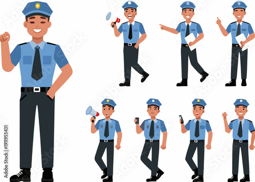Four police officers in various poses cartoon style illustrations