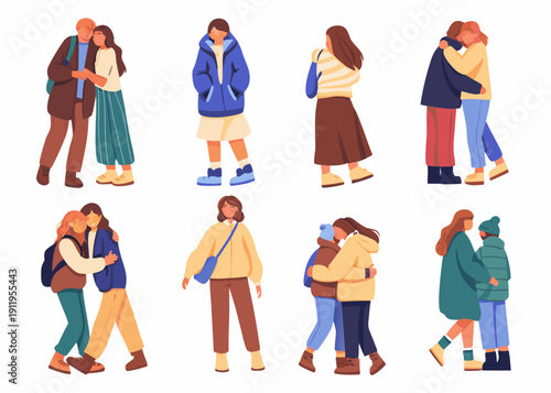Diverse couples embracing in a collection of colorful vector illustrations