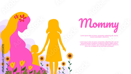 mother and daughter silhouettes with flowers and text for mommy greeting card