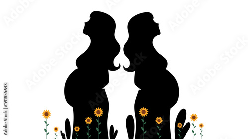 two pregnant women silhouettes standing back to back with flowers at feet