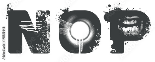A vector font for word-images with human mouths, streaks, and scratches. Letters N, O, and P. The theme is horror, grunge, and urban. It creates a sense of madness, post-apocalypse, and underground. S
