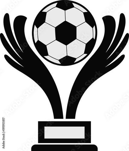 Black silhouette of soccer trophy with ball and decorative wings on pedestal, football championship award, flat vector illustration isolated.