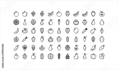 Diverse collection of hand-drawn fruit and vegetable icons, simple line art for healthy eating and food concepts