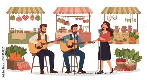 Street performers playing guitars at a vibrant market stall.