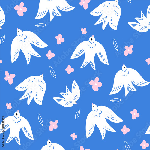 Seamless spring pattern with white Easter doves and swifts among pink flowers and outline leaves on blue