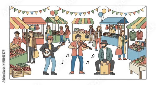 Vibrant outdoor market scene with musicians and shoppers.