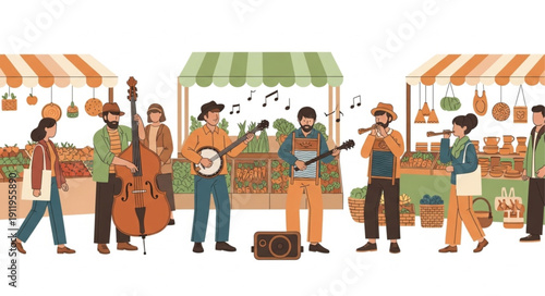 Vibrant street performers entertaining crowd at outdoor market.