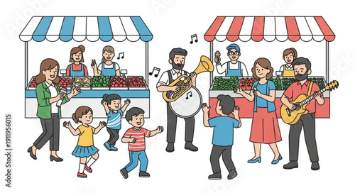 Vibrant street performers entertaining crowd at market stalls.