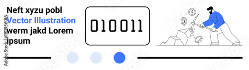 Worker breaking rocks with pickaxe, binary code panel and currency symbols representing digital mining. Ideal for blockchain, cryptocurrency, technology, data, finance, innovation, simple landing