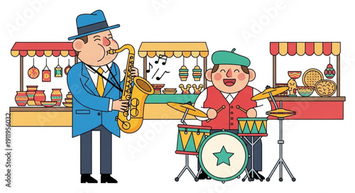 Cartoon musicians playing saxophone and drums at a market stall.