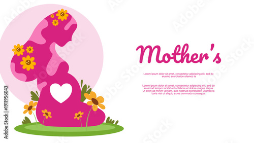 pink silhouette of pregnant woman with floral heart on white background frame